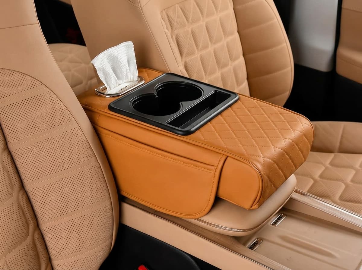 Almohadilla reposabrazos caramelo colocada sobre la consola central de un auto, con bandeja, aro de pañuelos y bolsillo lateral vacíos; recreación editorial.