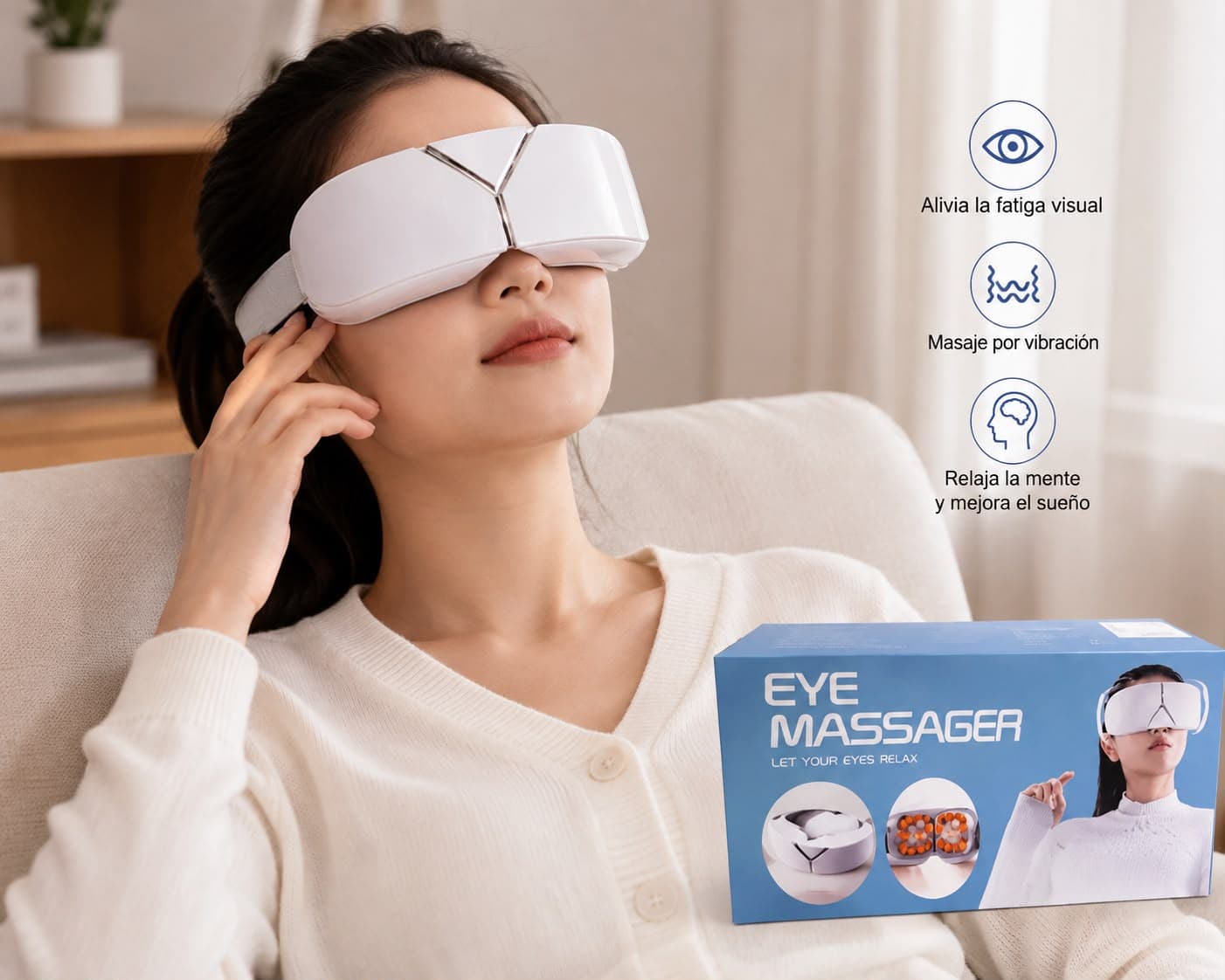 Mujer con el masajeador blanco y su banda, junto a la presentación azul EYE MASSAGER del proveedor.