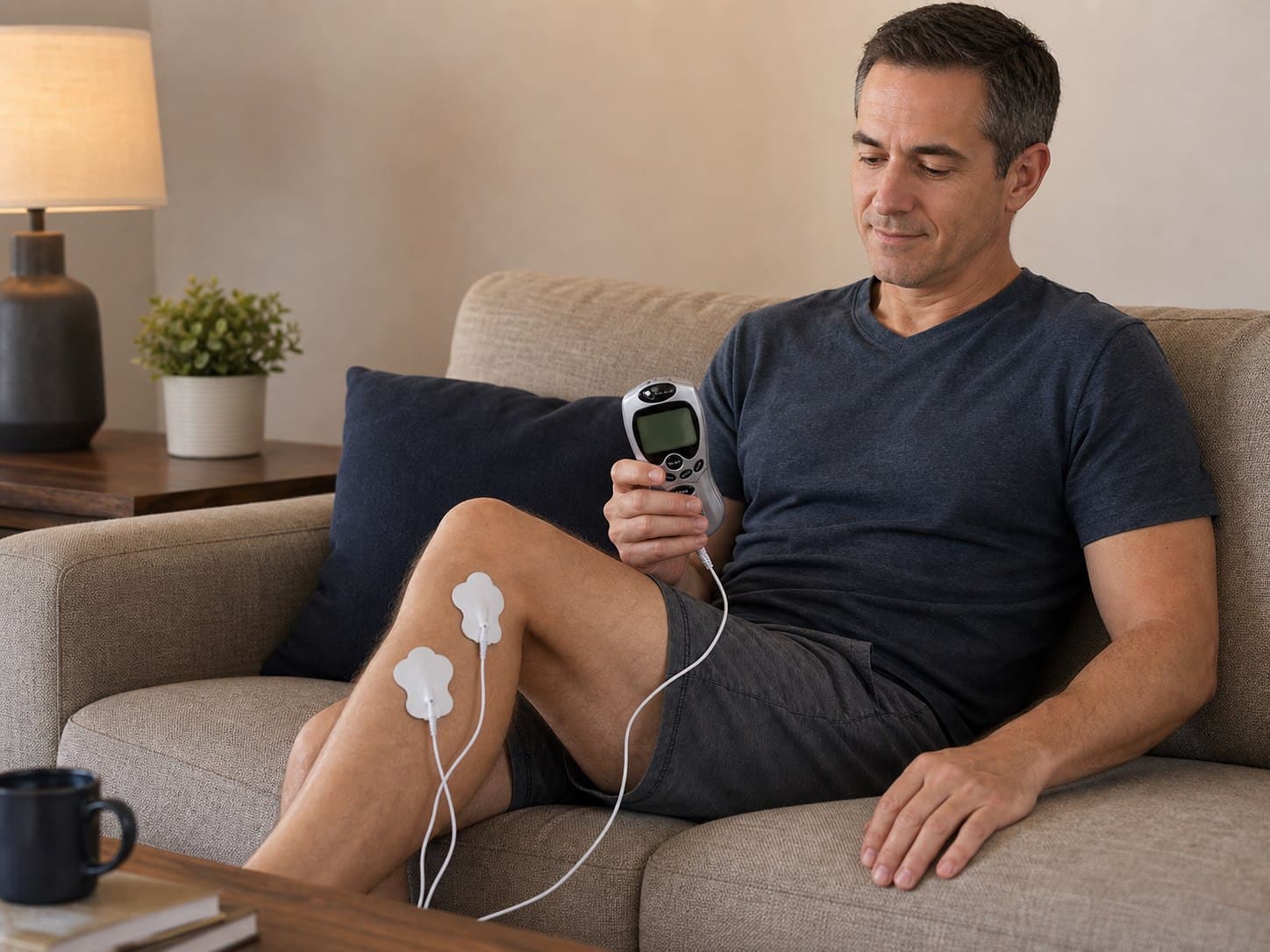 Escena ilustrativa de una persona adulta sentada en casa con el electroestimulador y electrodos en una pierna; no es una guía de colocación.