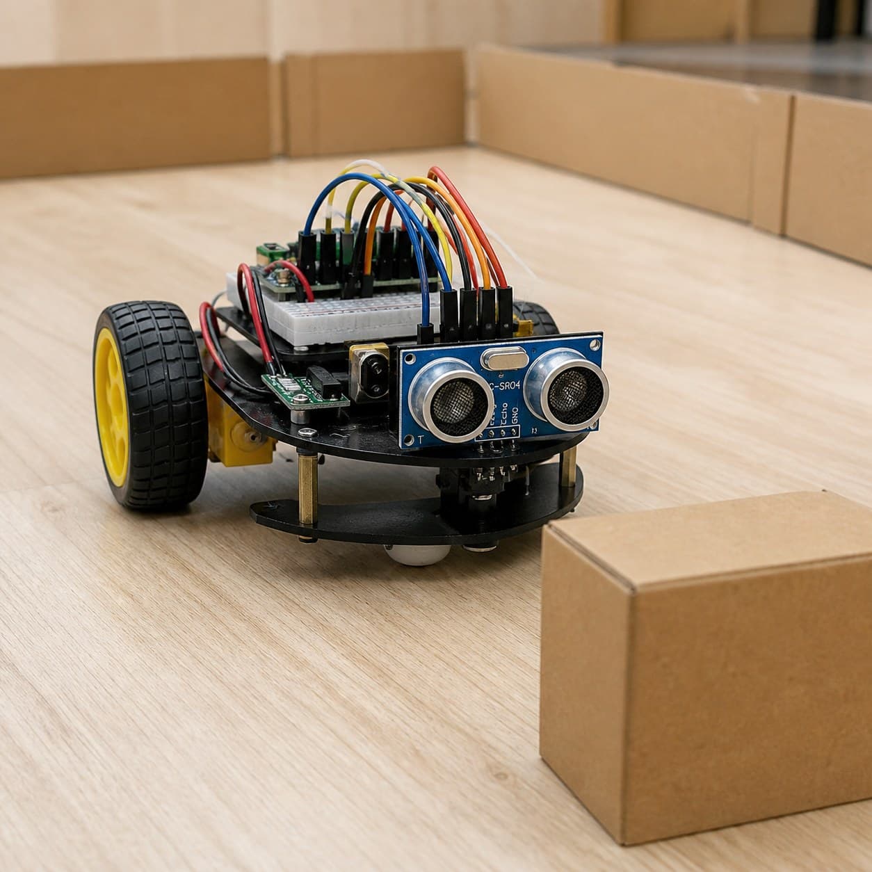 Robot educativo terminado con un sensor HC-SR04 frontal ante un obstáculo.