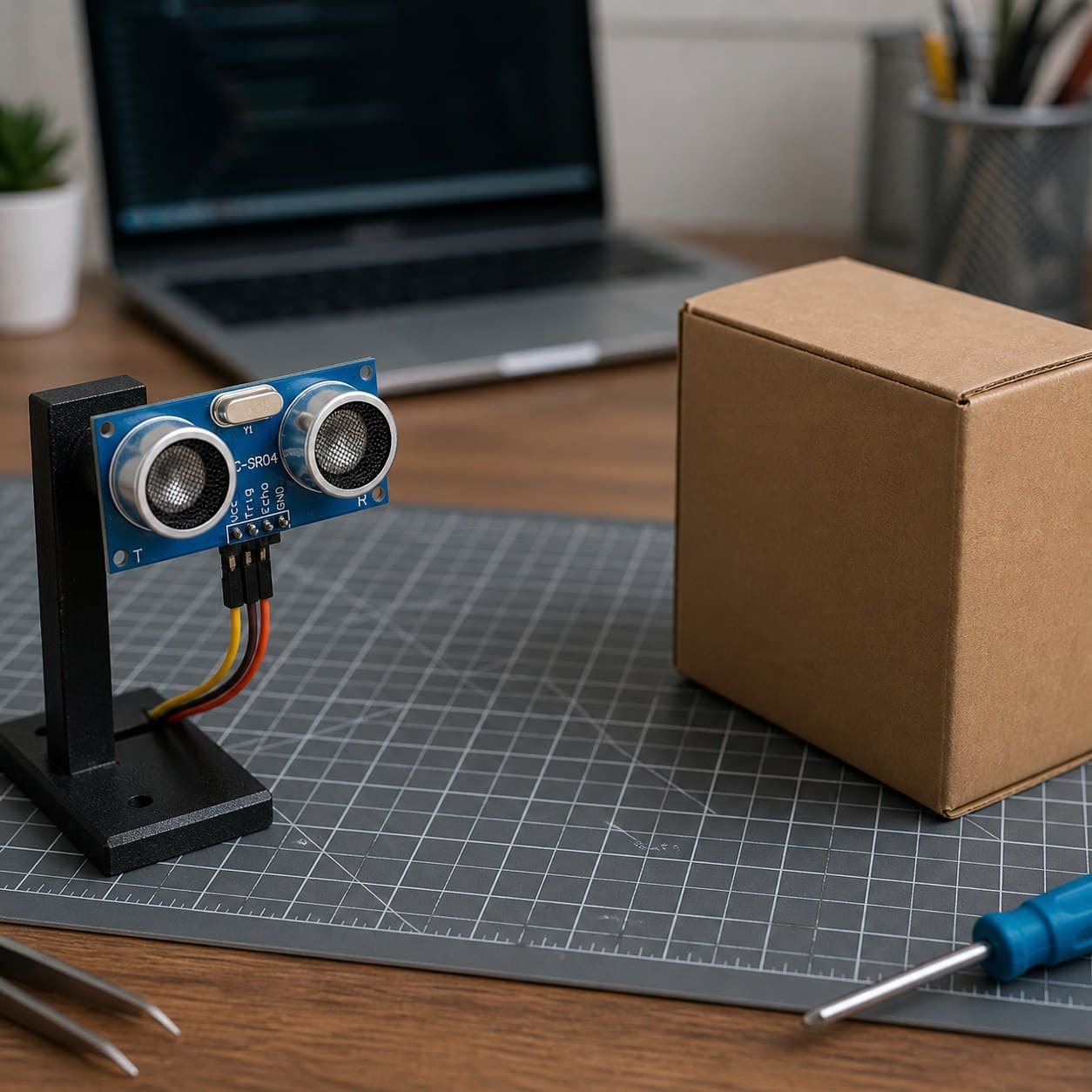 Sensor HC-SR04 en un soporte de prueba orientado hacia una caja para detectar distancia.