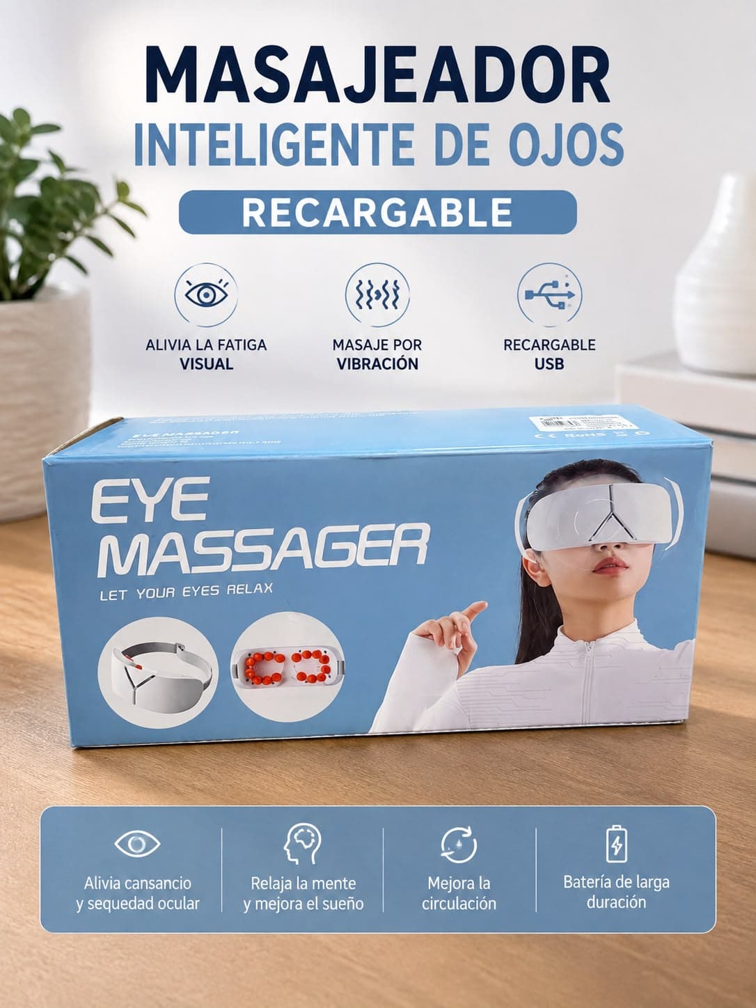 Caja azul EYE MASSAGER con imágenes del masajeador blanco y su presentación de venta.