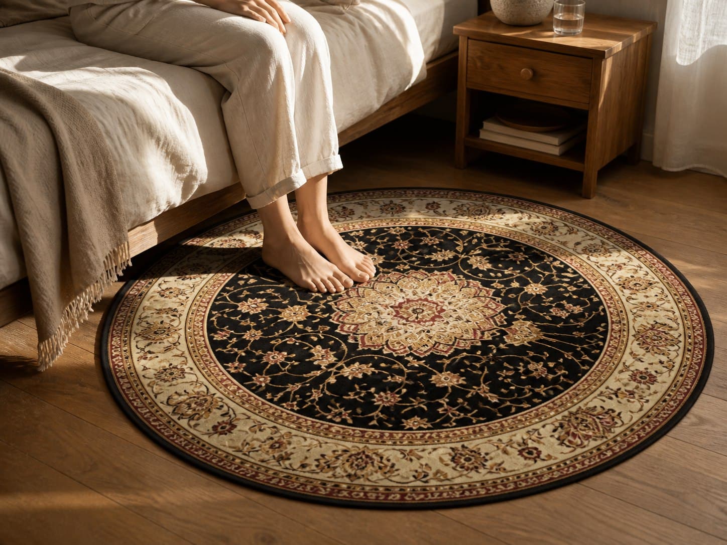 Alfombra floral negra y crema junto a una cama, con los pies de una persona sobre su superficie.