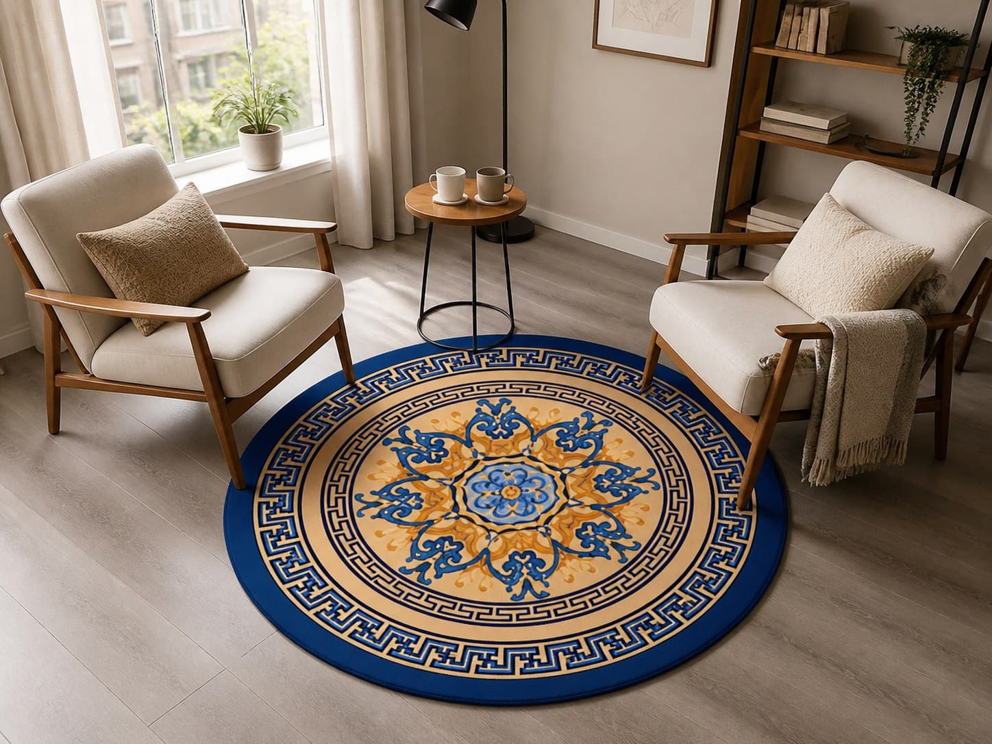 Alfombra de grecas azul y dorada delimitando un rincón entre dos asientos; recreación ilustrativa.