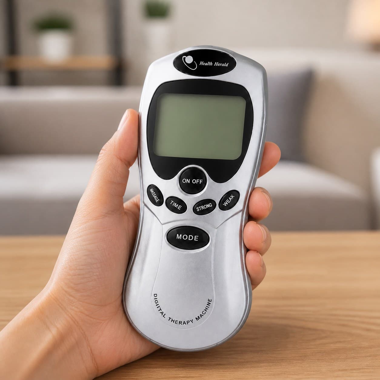 Vista ilustrativa del controlador apagado sostenido en una mano, sin electrodos aplicados.