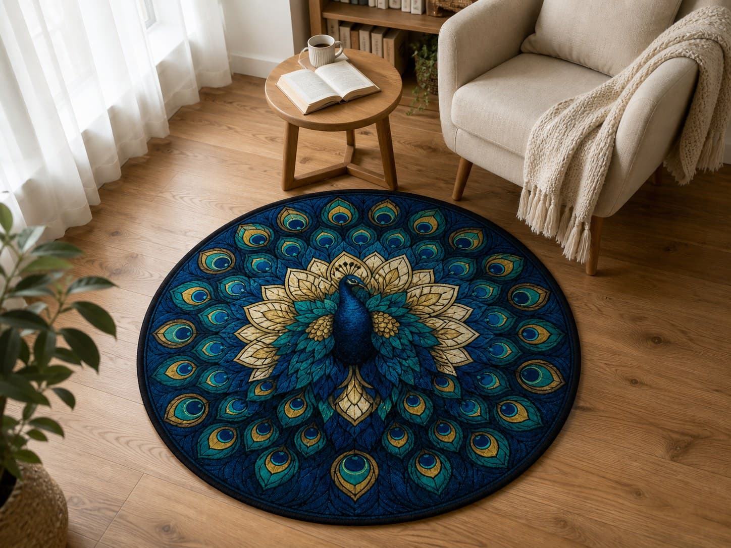 Alfombra de pavo real turquesa junto a una butaca de lectura.