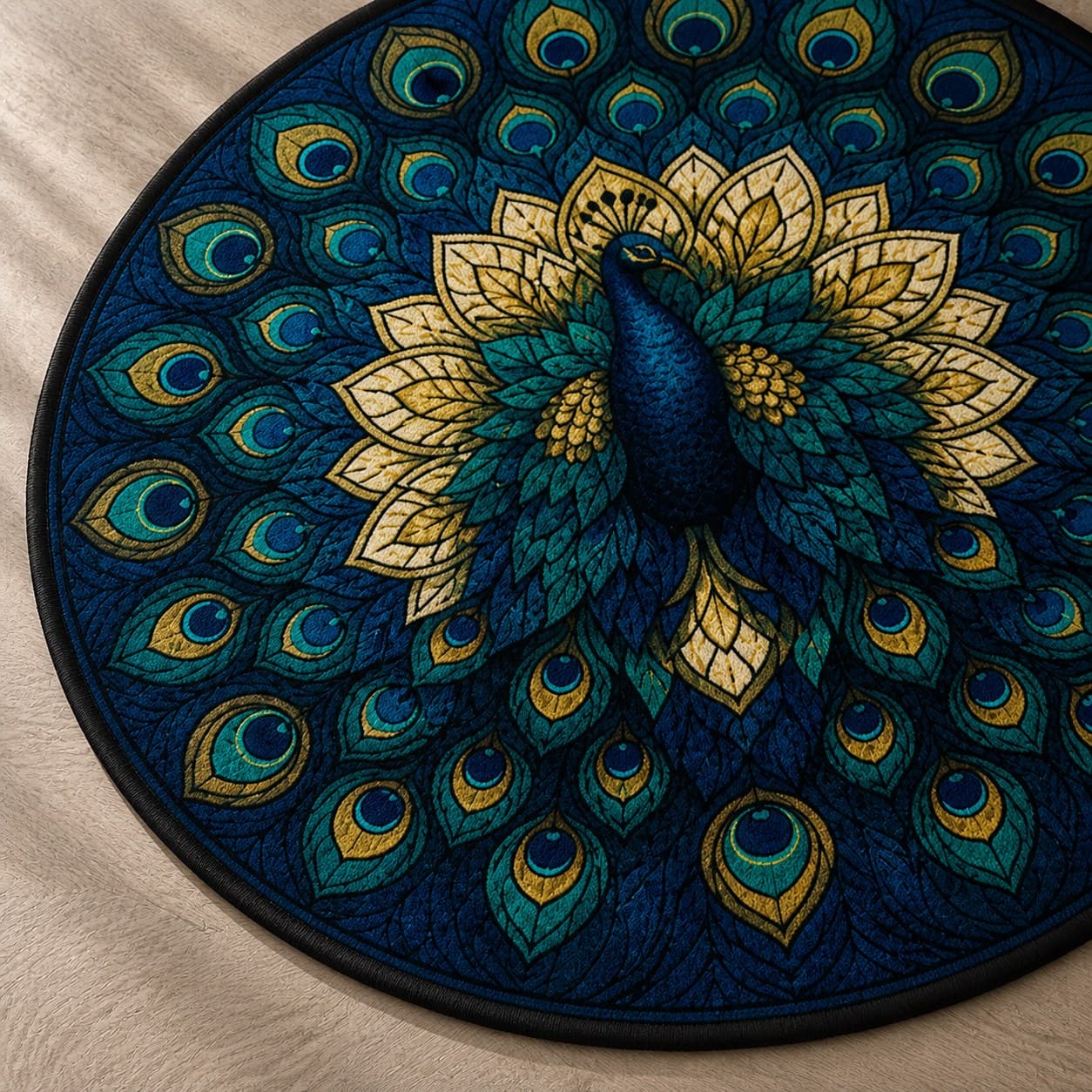 Detalle ilustrativo del motivo de pavo real y el borde oscuro de la alfombra.